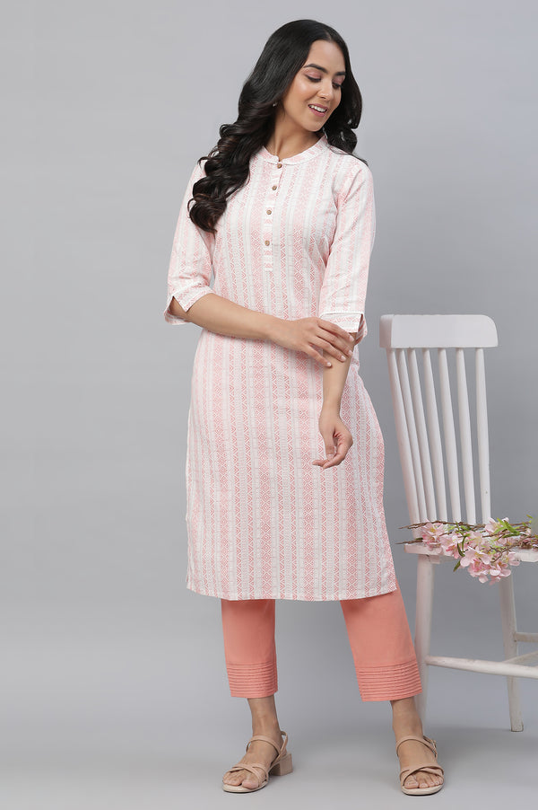 White and Peach Dobby Kurta and Trouser Set