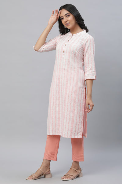 White and Peach Dobby Kurta and Trouser Set