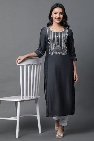 Black Denim Embroidered Kurta and Trousers Set