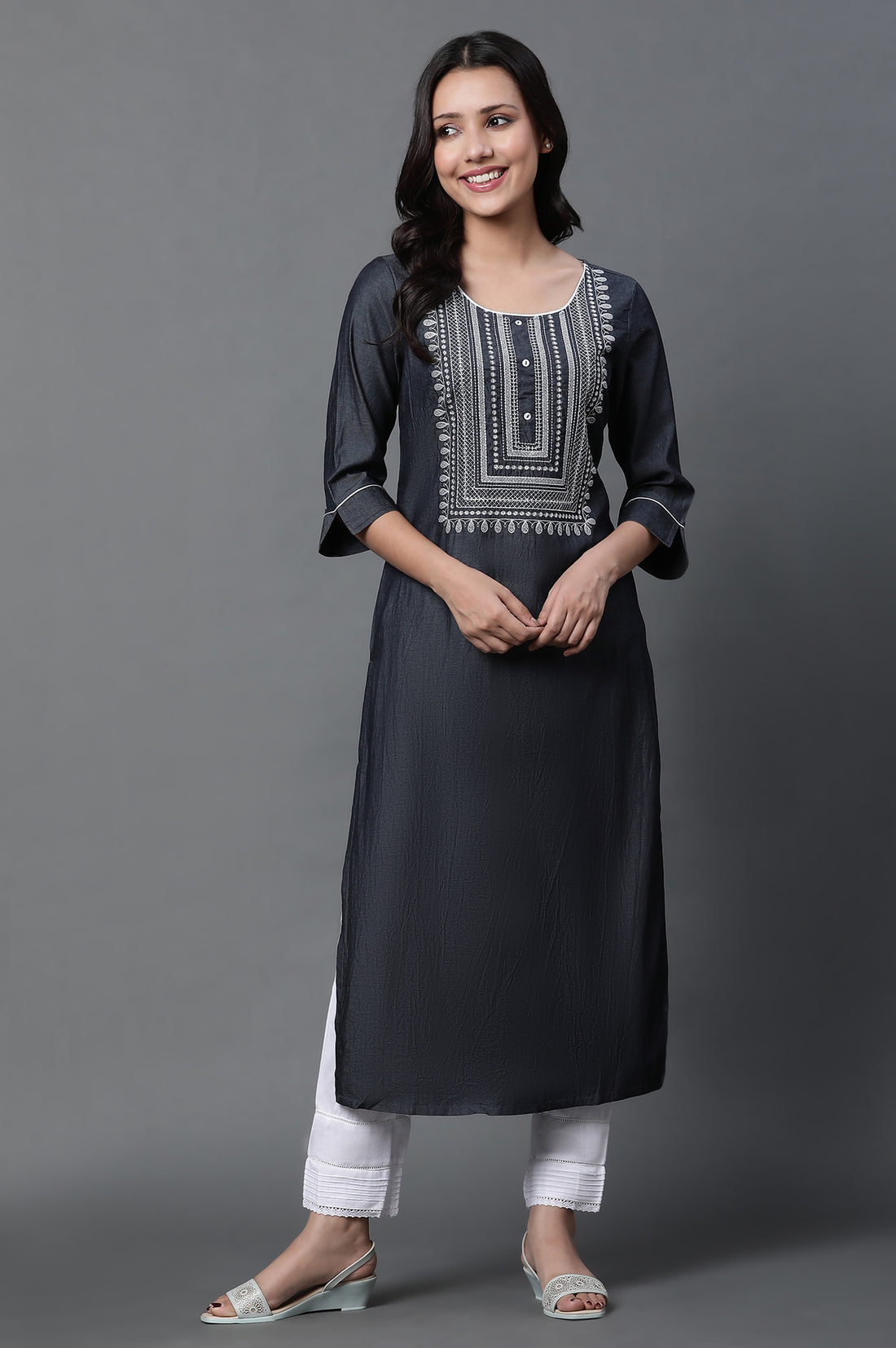 Black Denim Embroidered Kurta and Trousers Set