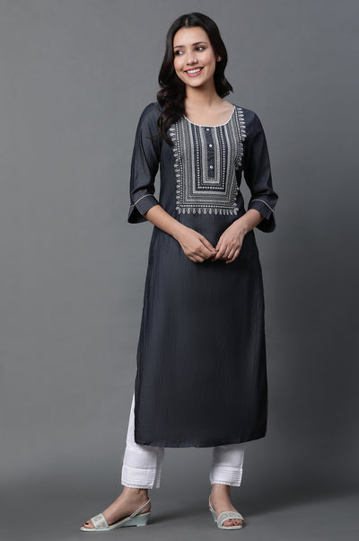 Black Denim Embroidered Kurta and Trousers Set