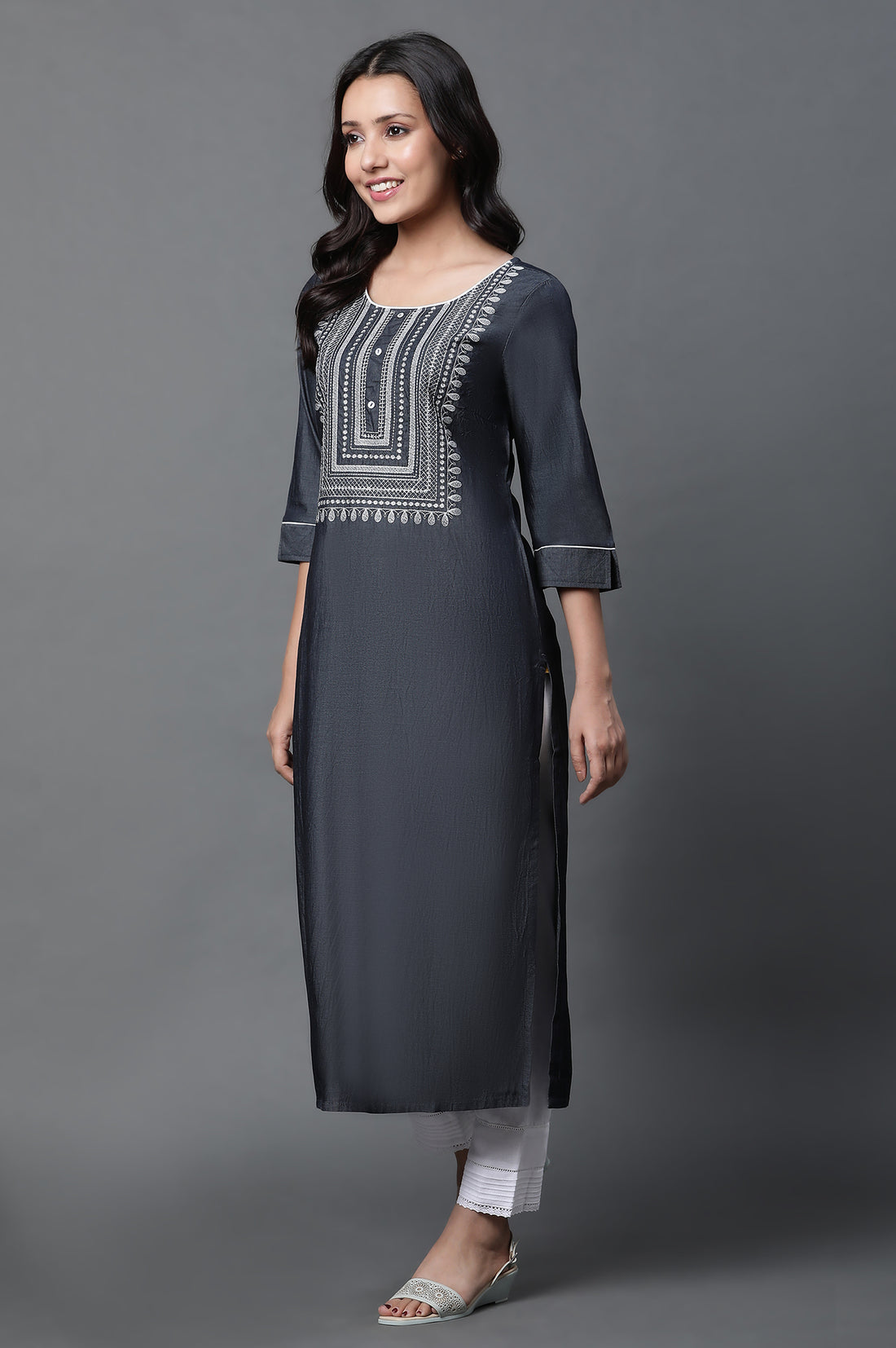 Black Denim Embroidered Kurta and Trousers Set