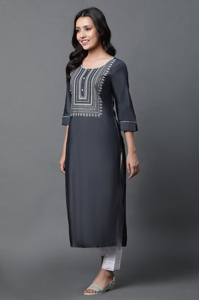 Black Denim Embroidered Kurta and Trousers Set