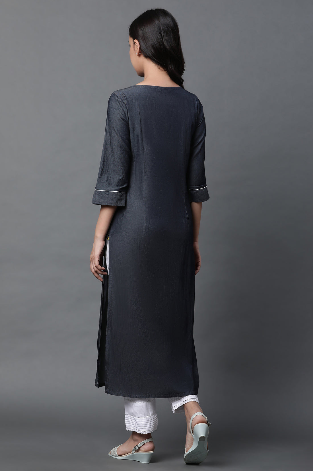 Black Denim Embroidered Kurta and Trousers Set