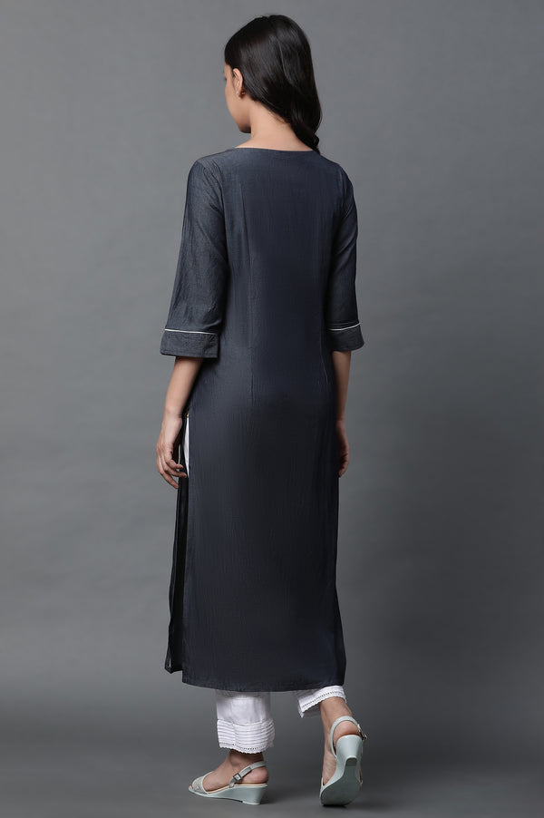 Black Denim Embroidered Kurta and Trousers Set