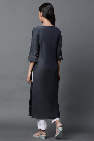 Black Denim Embroidered Kurta and Trousers Set