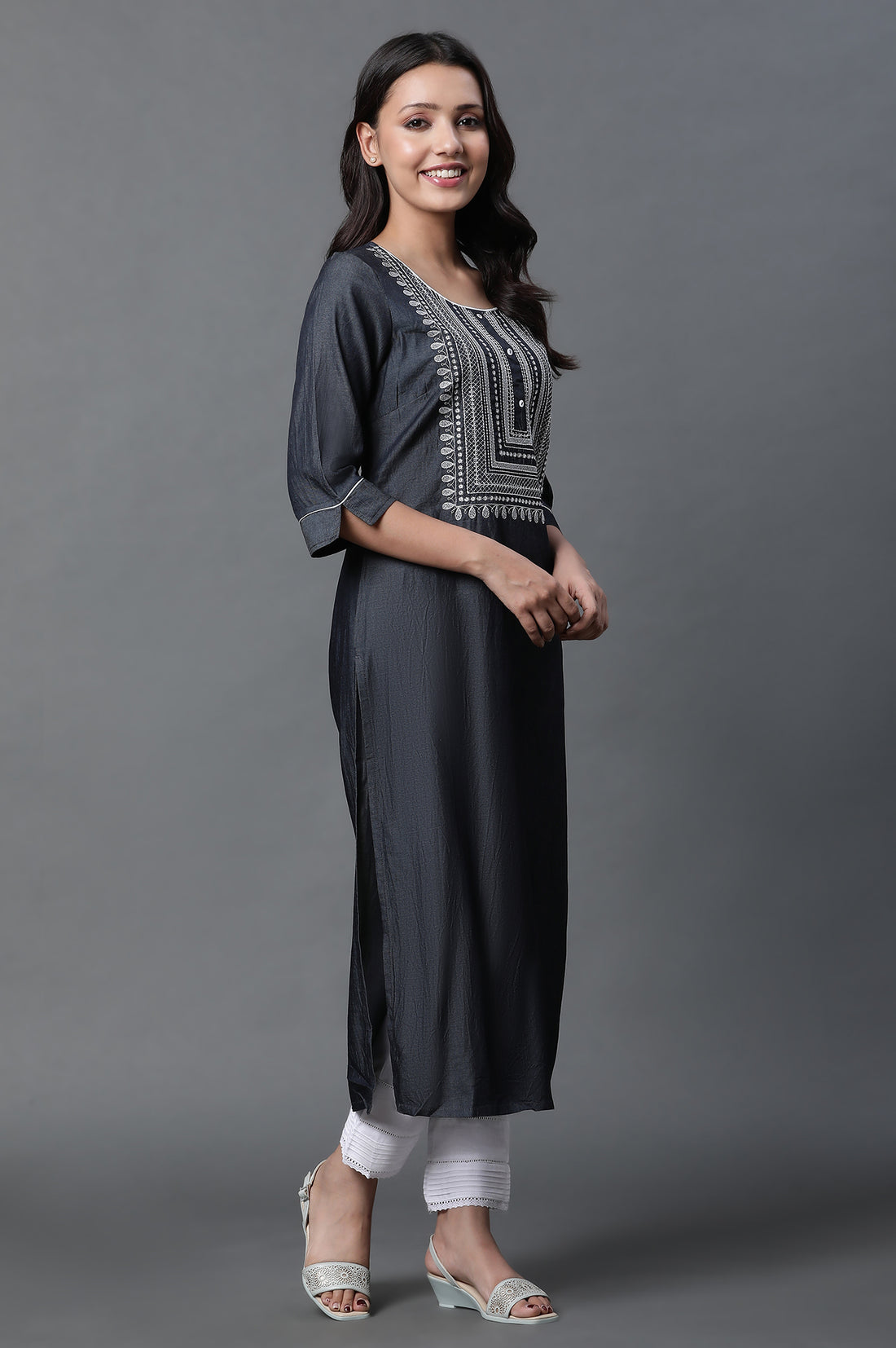 Black Denim Embroidered Kurta and Trousers Set