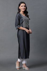 Black Denim Embroidered Kurta and Trousers Set