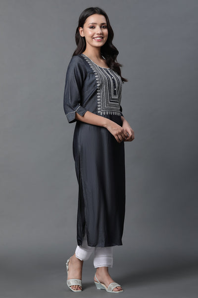 Black Denim Embroidered Kurta and Trousers Set
