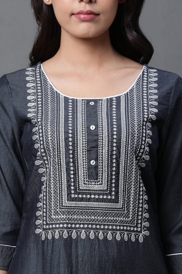 Black Denim Embroidered Kurta and Trousers Set