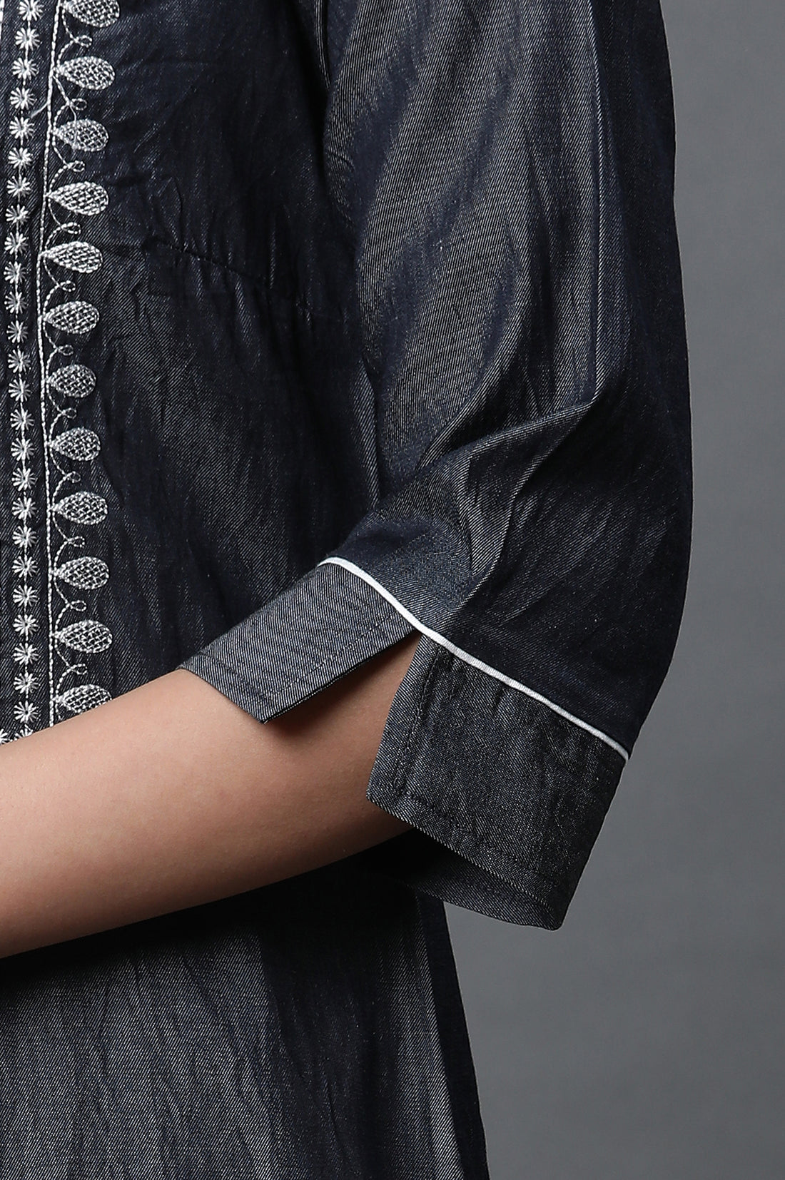 Black Denim Embroidered Kurta and Trousers Set