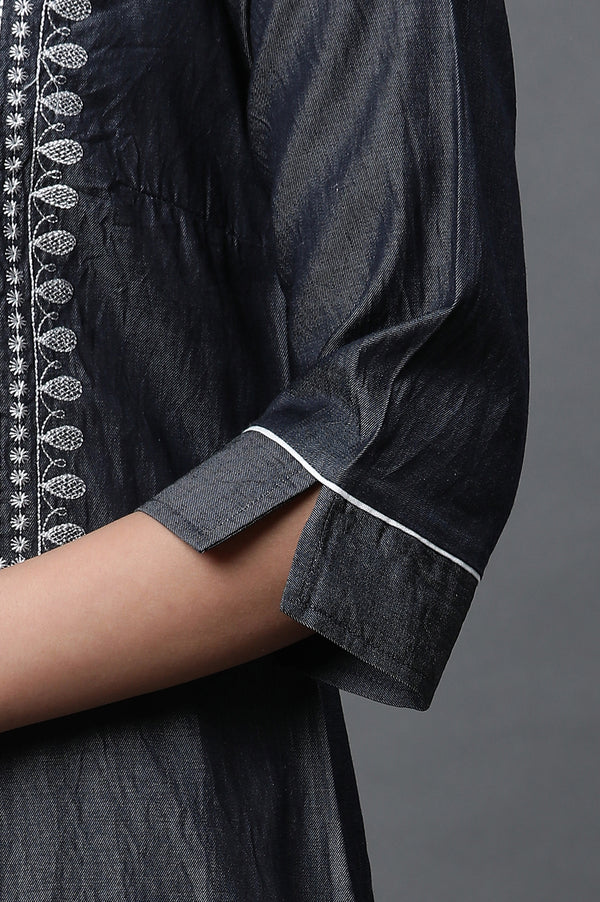 Black Denim Embroidered Kurta and Trousers Set