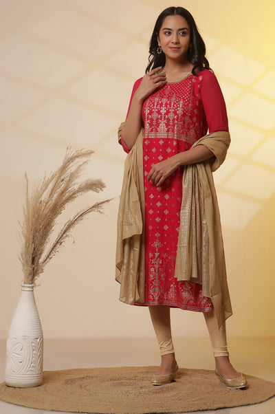 Pink Floral Foil Prined Kurta, Tights and Dupatta Set