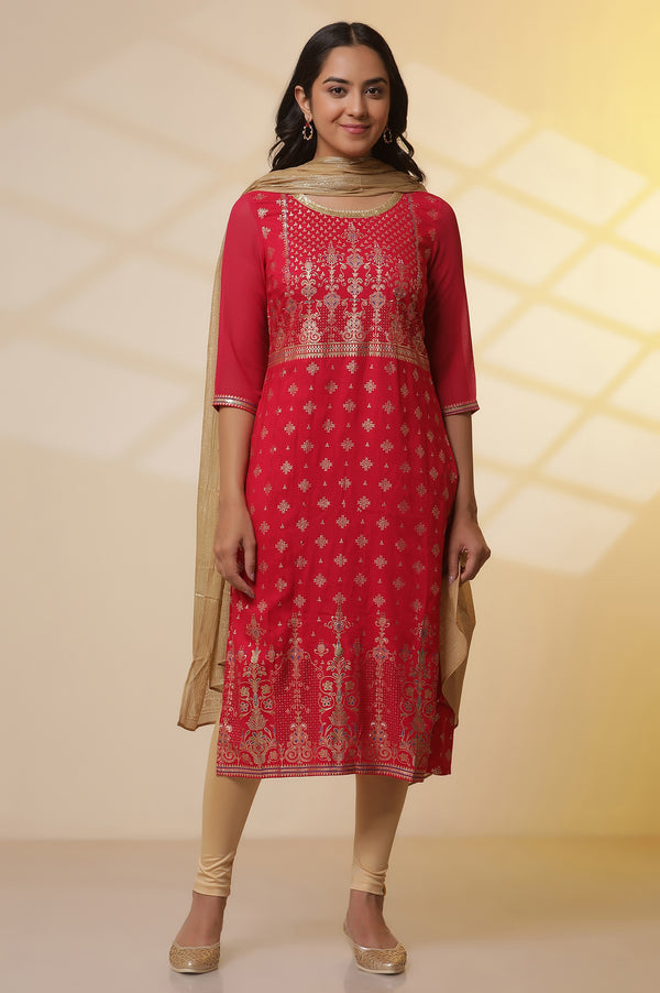 Pink Floral Foil Prined Kurta, Tights and Dupatta Set