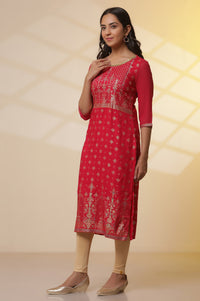 Pink Floral Foil Prined Kurta, Tights and Dupatta Set