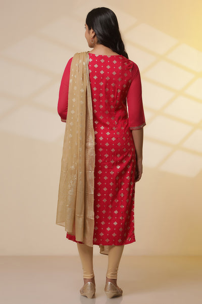 Pink Floral Foil Prined Kurta, Tights and Dupatta Set