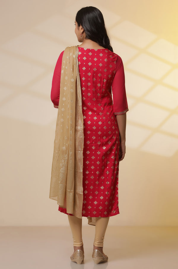 Pink Floral Foil Prined Kurta, Tights and Dupatta Set
