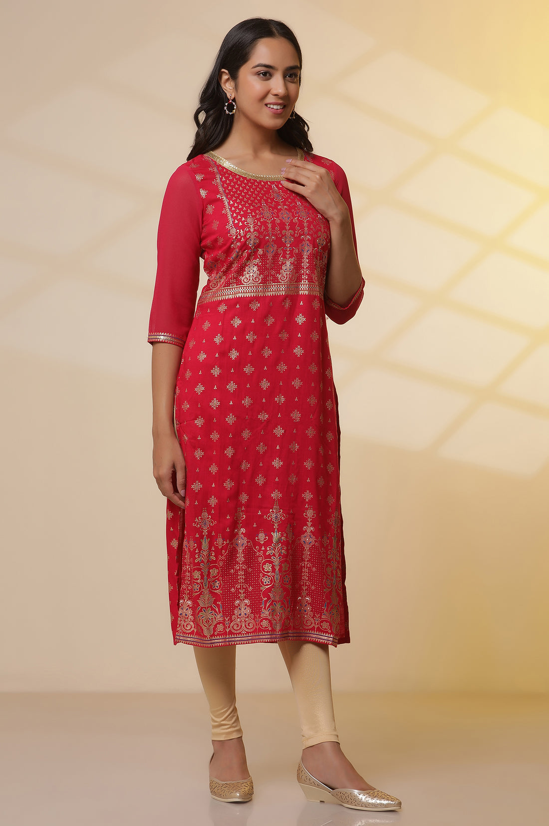 Pink Floral Foil Prined Kurta, Tights and Dupatta Set