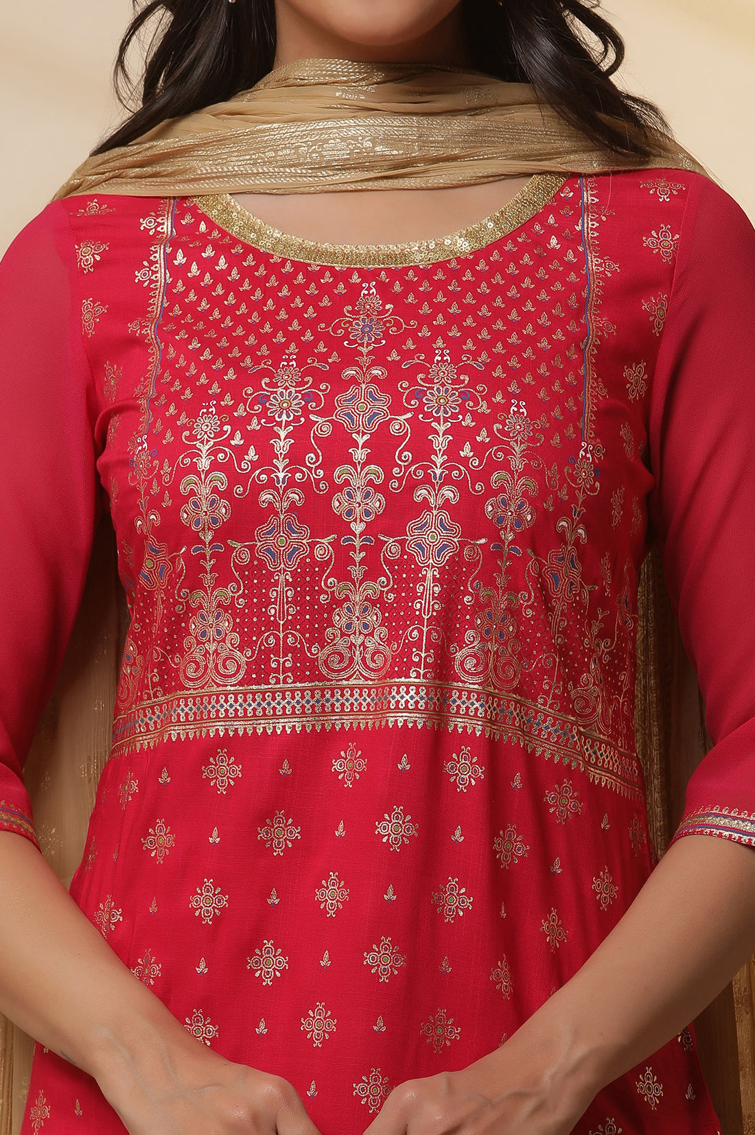Pink Floral Foil Prined Kurta, Tights and Dupatta Set