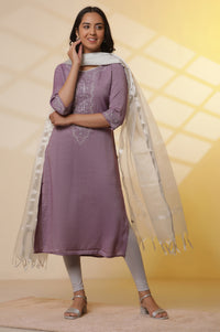 Purple Embroidered Kurta, Tights and Banarasi Dupatta Set