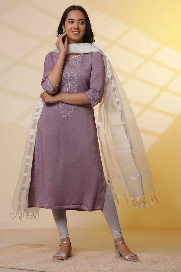 Purple Embroidered Kurta, Tights and Banarasi Dupatta Set