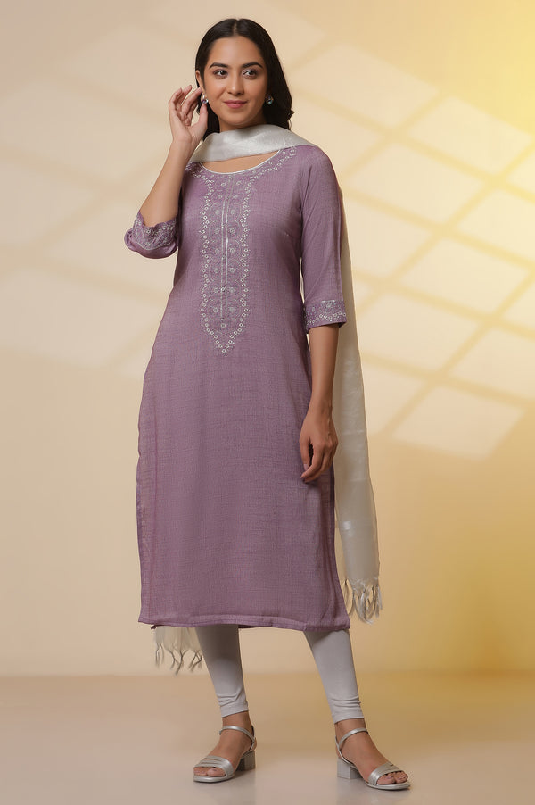 Purple Embroidered Kurta, Tights and Banarasi Dupatta Set