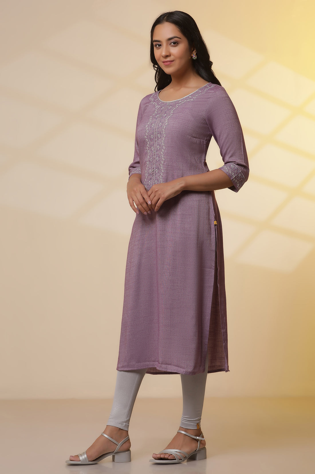 Purple Embroidered Kurta, Tights and Banarasi Dupatta Set