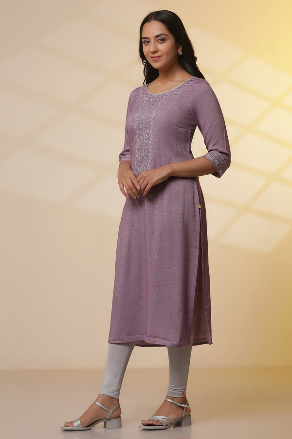 Purple Embroidered Kurta, Tights and Banarasi Dupatta Set