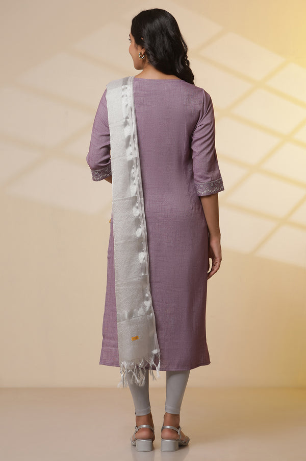 Purple Embroidered Kurta, Tights and Banarasi Dupatta Set