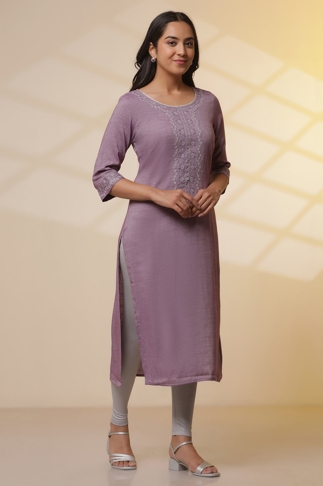 Purple Embroidered Kurta, Tights and Banarasi Dupatta Set