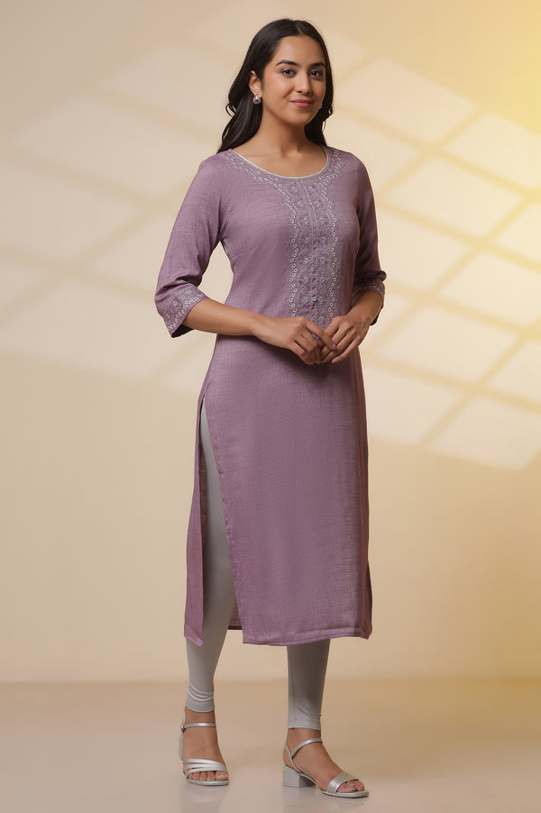 Purple Embroidered Kurta, Tights and Banarasi Dupatta Set