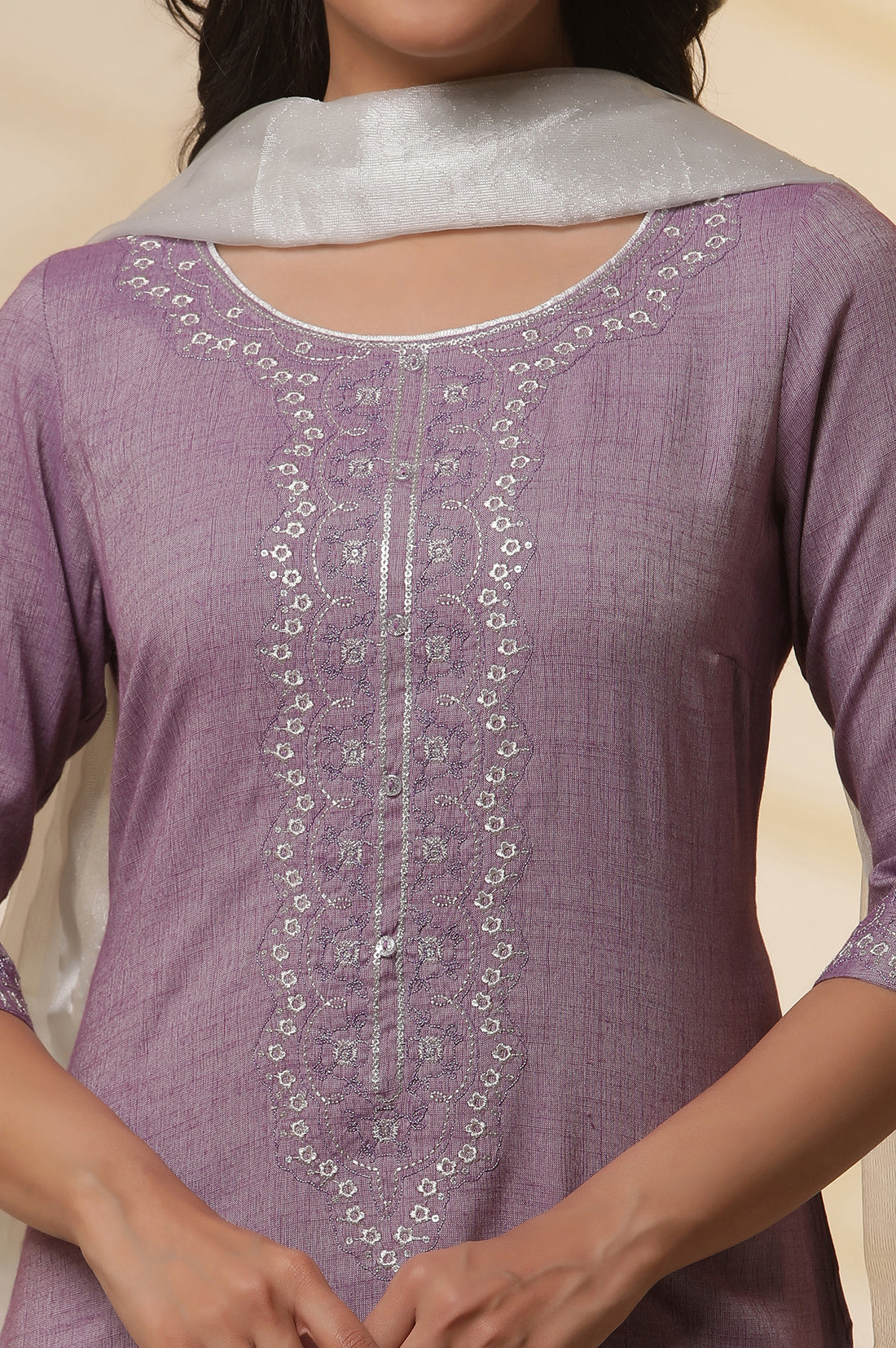 Purple Embroidered Kurta, Tights and Banarasi Dupatta Set