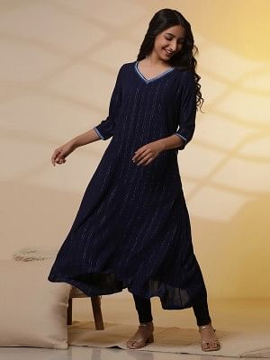 Blue Embroidered Asymmetrical Kurta and Denim Lycra Jeggings
