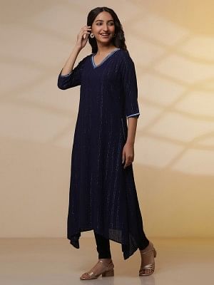 Blue Embroidered Asymmetrical Kurta and Denim Lycra Jeggings