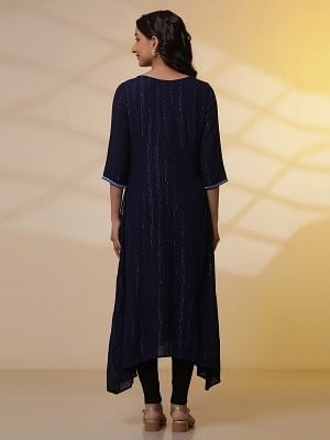 Blue Embroidered Asymmetrical Kurta and Denim Lycra Jeggings
