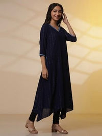 Blue Embroidered Asymmetrical Kurta and Denim Lycra Jeggings