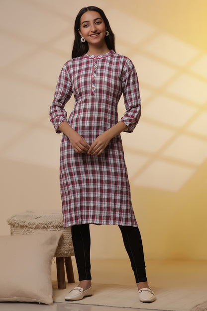 White and Magenta Checker Kurta and Denim Jeggings Set