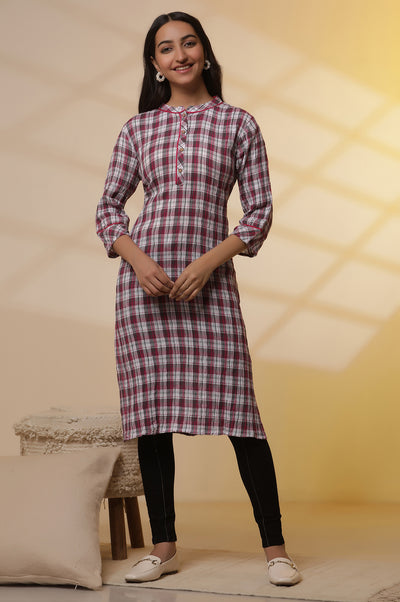White and Magenta Checker Kurta and Denim Jeggings Set