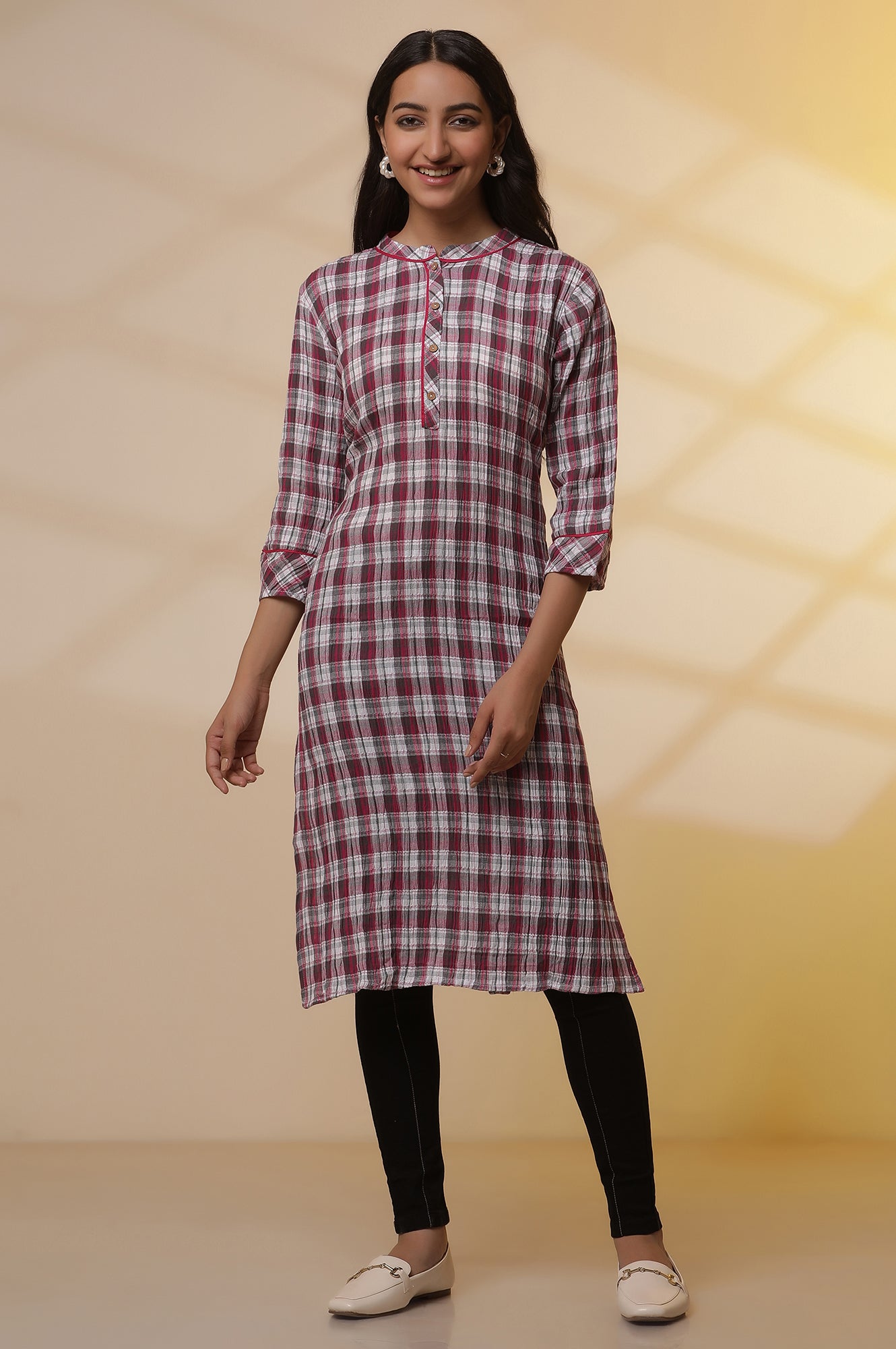 White and Magenta Checker Kurta and Denim Jeggings Set