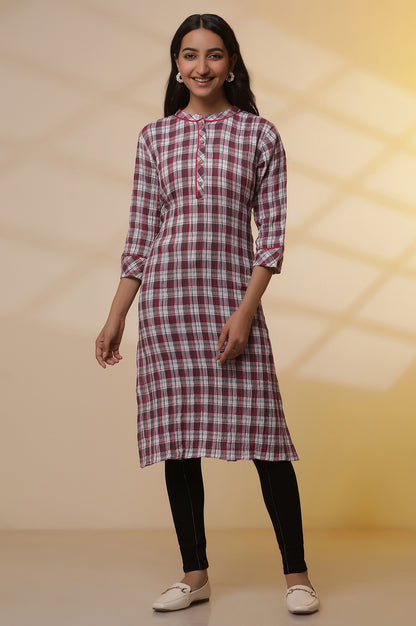 White and Magenta Checker Kurta and Denim Jeggings Set