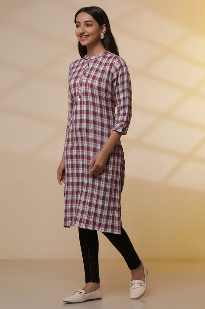 White and Magenta Checker Kurta and Denim Jeggings Set