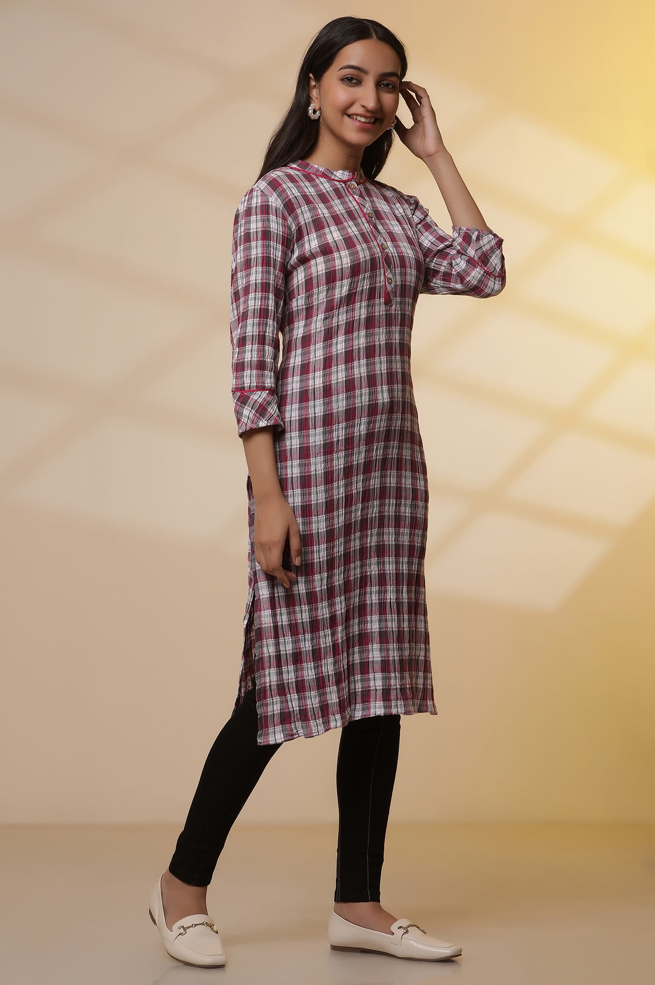 White and Magenta Checker Kurta and Denim Jeggings Set