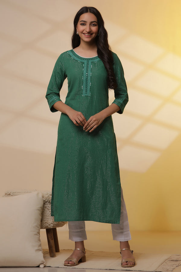 Green Lurex Straight Kurta and Pants Set
