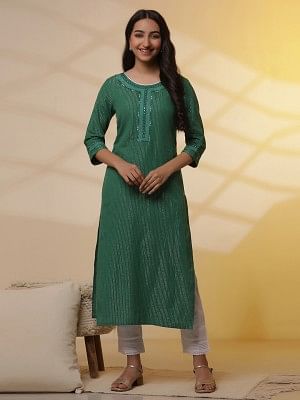 Green Lurex Straight Kurta and Pants Set