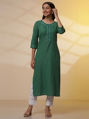 Green Lurex Straight Kurta and Pants Set