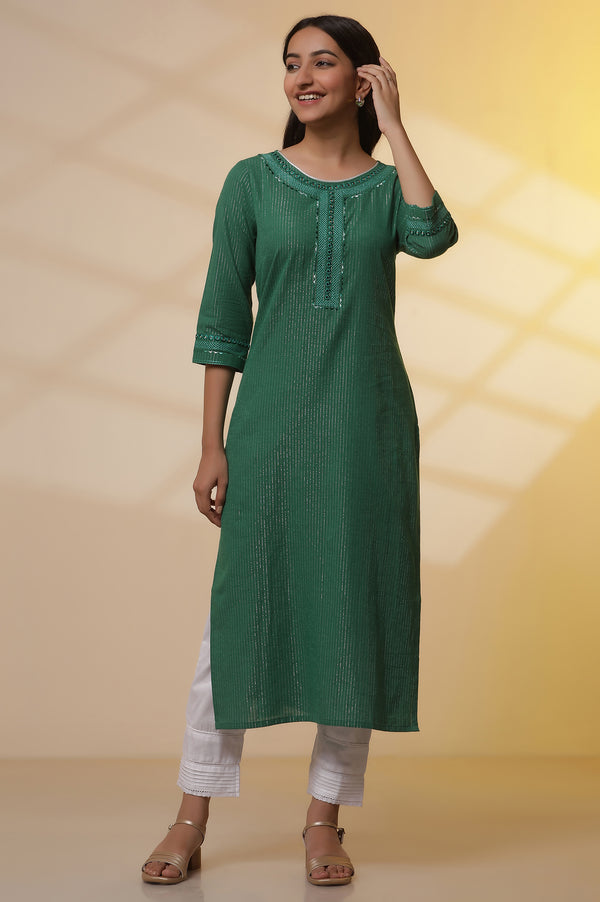 Green Lurex Straight Kurta and Pants Set