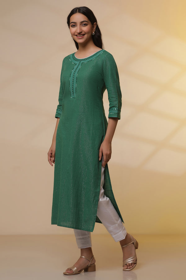 Green Lurex Straight Kurta and Pants Set