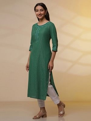 Green Lurex Straight Kurta and Pants Set