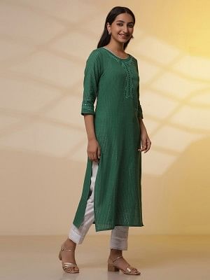 Green Lurex Straight Kurta and Pants Set