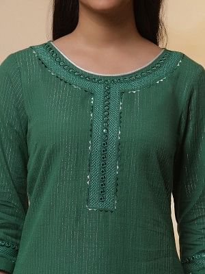 Green Lurex Straight Kurta and Pants Set